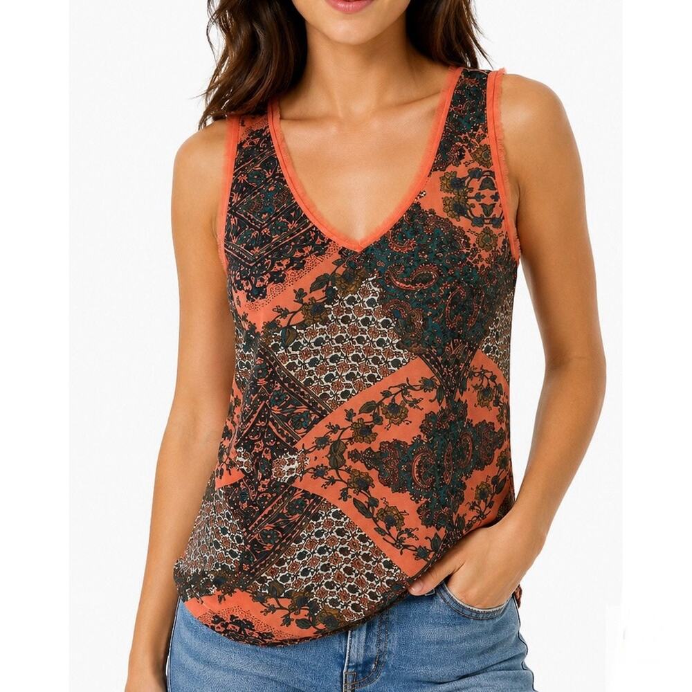 EUC Red Camel Coral Orange Multicolor Paisley Patchwork V‑Neck Tank Top. Size M